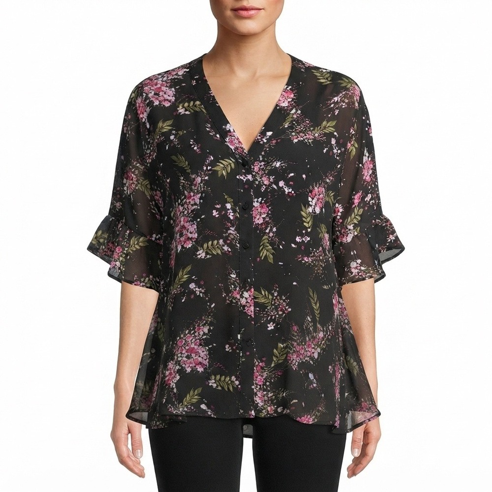 Investments Petites Blouse Womans XL Petite Floral Ruffle Sleeve  Black Pink